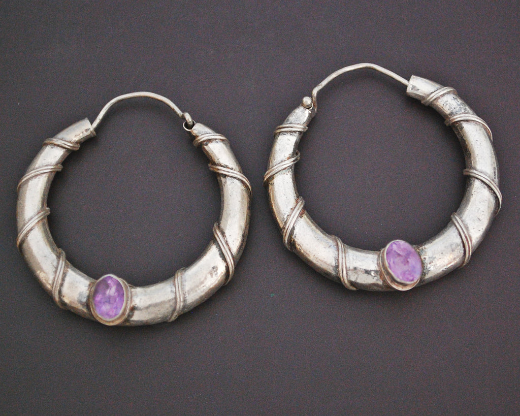 Ethnic Amethyst Hoop Earrings - MEDIUM / LARGE