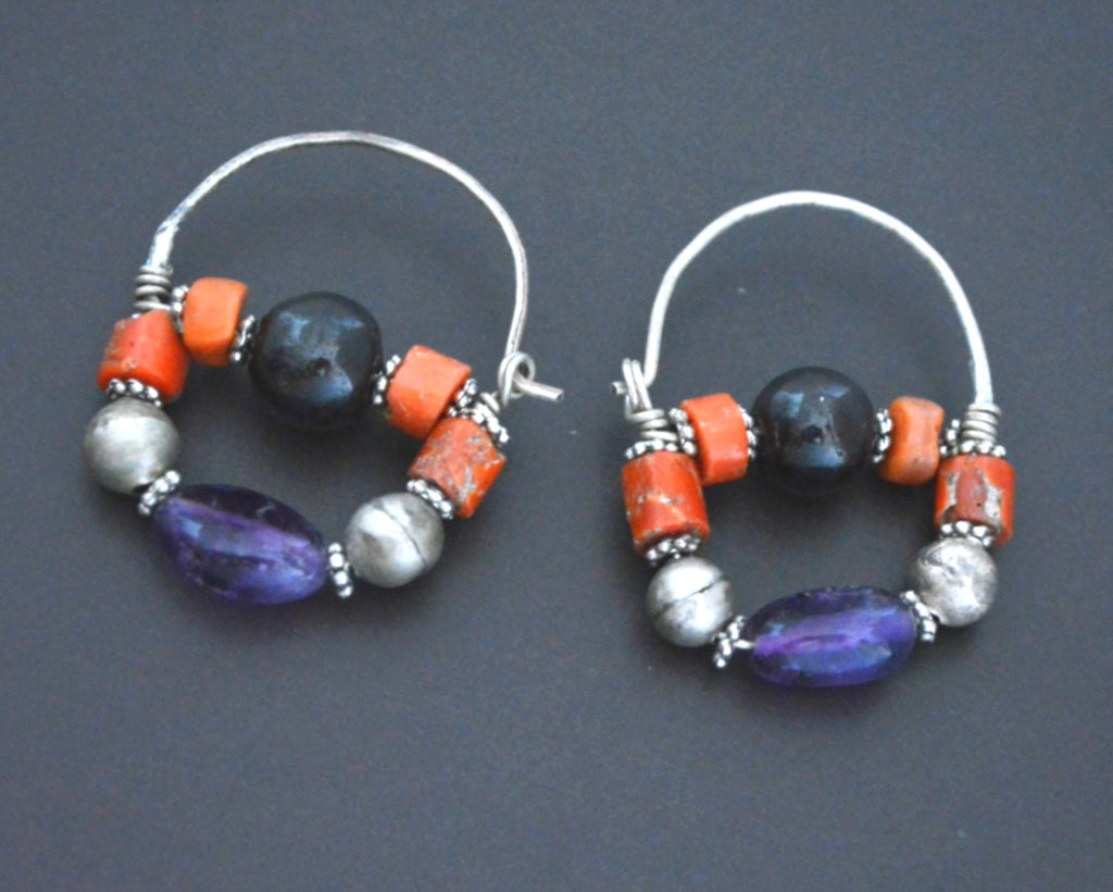Uzbek Coral Amethyst Hoop Earrings