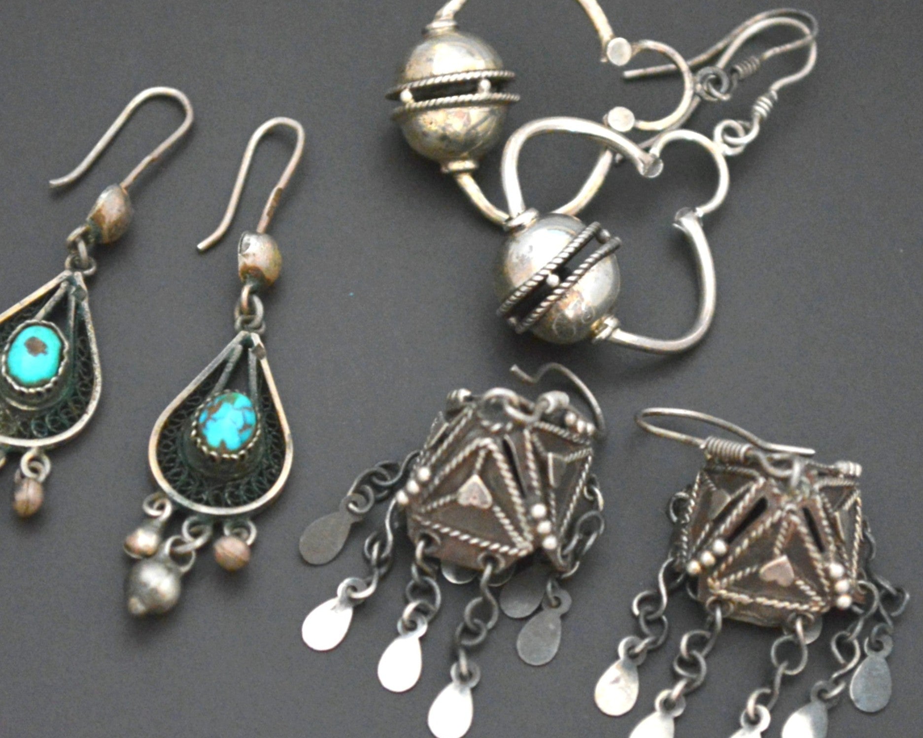 Set of Three Ethnic Silver Turquoise Dangle Earrings