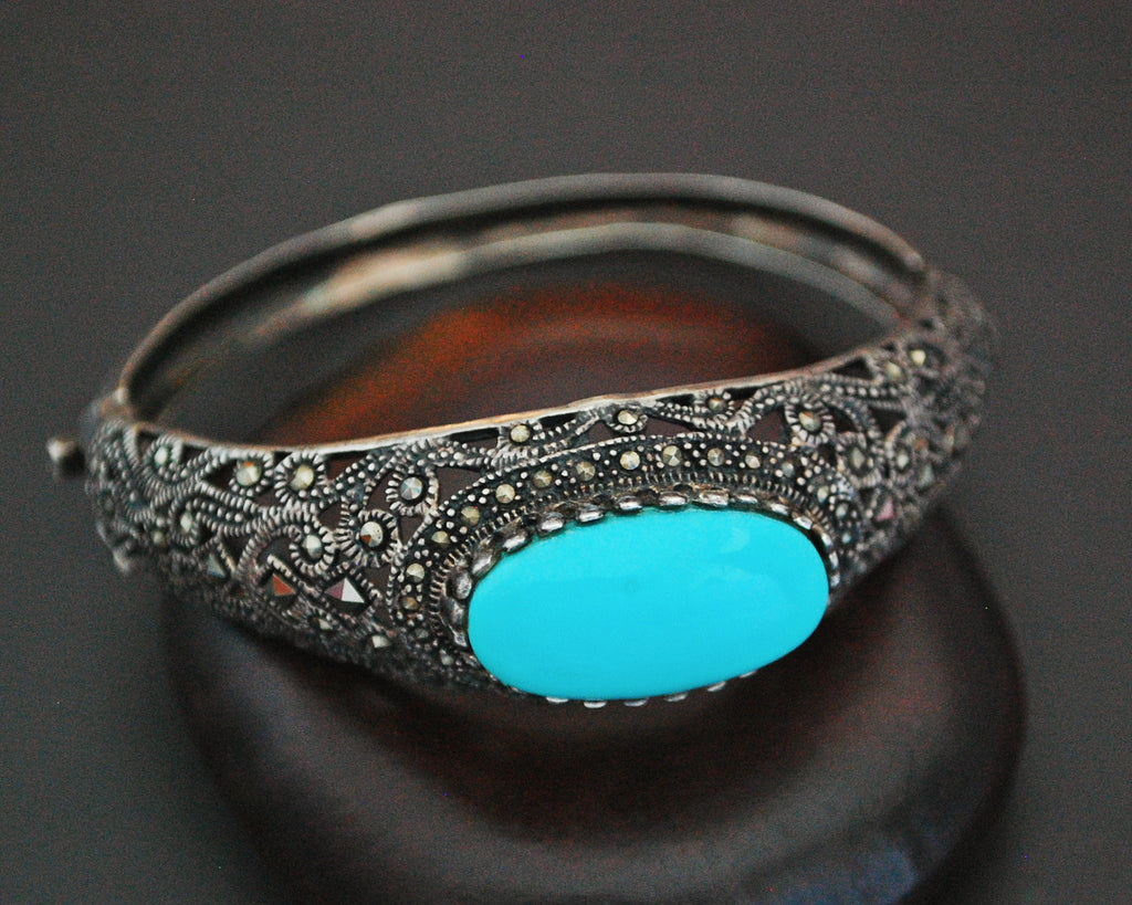 Gorgeous Turquoise and Marcasite Hinged Bracelet