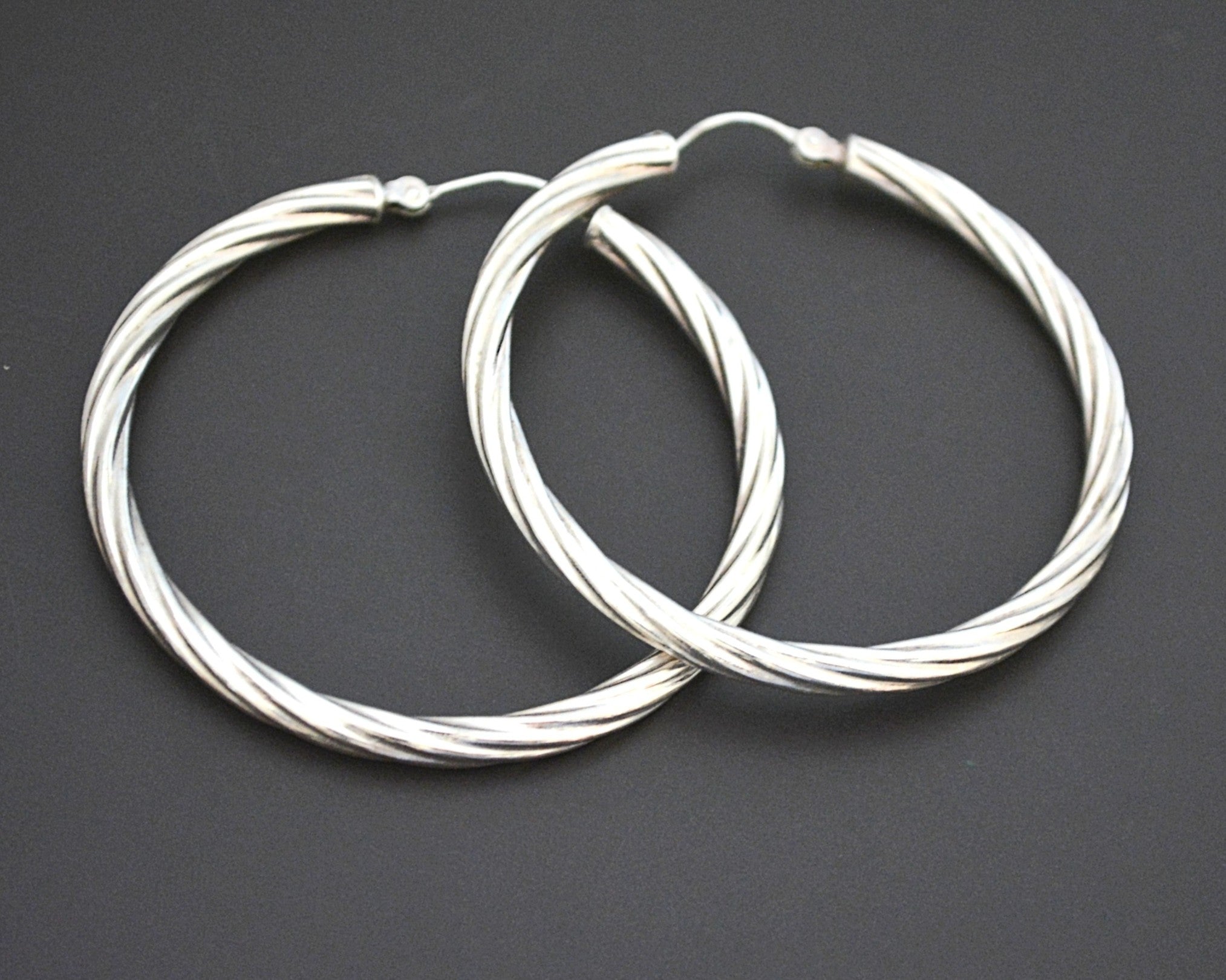 Ethnic Twisted Silver Hoop Earrings - LARGE