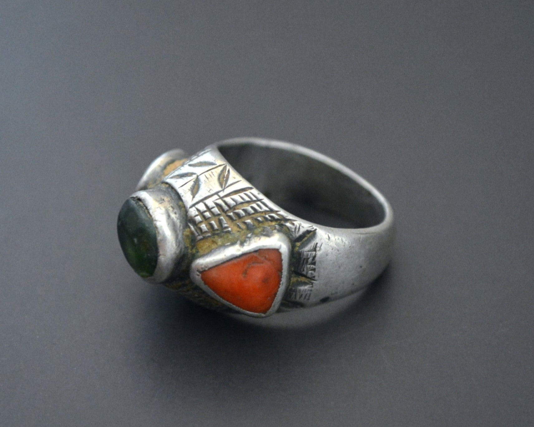 Old Afghani Coral and Glass Ring - Size 6.5
