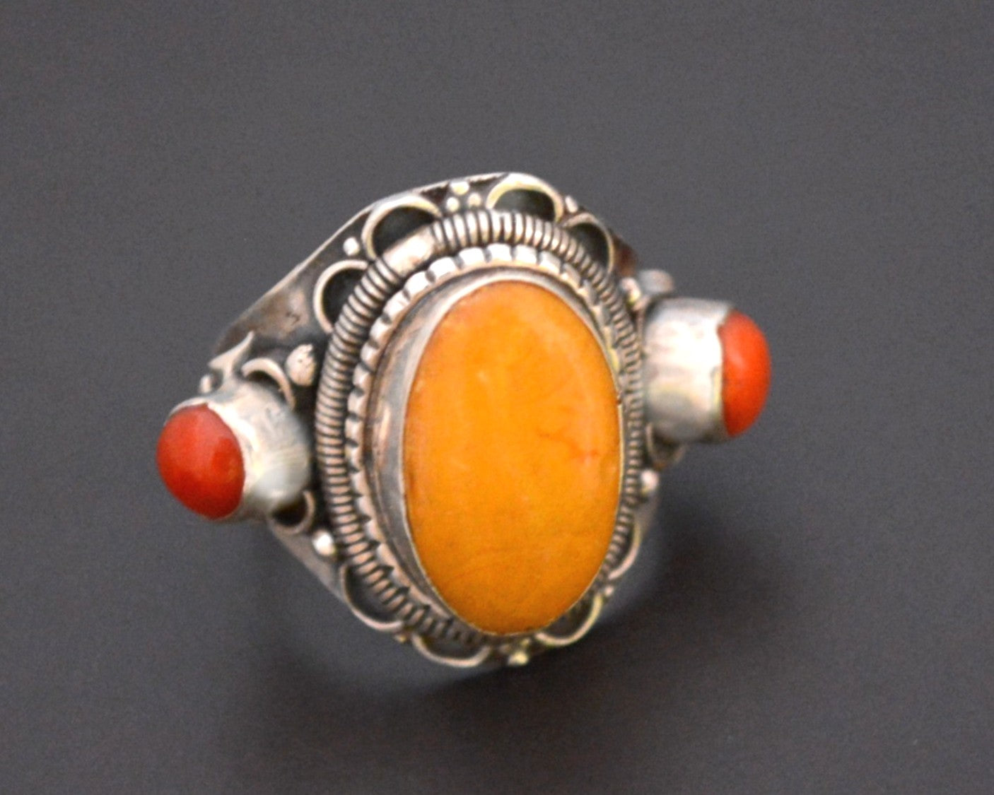 Nepali Coral Amber Saddle Ring - Size 7.5+