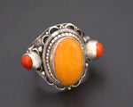 Nepali Coral Amber Saddle Ring - Size 7.5+