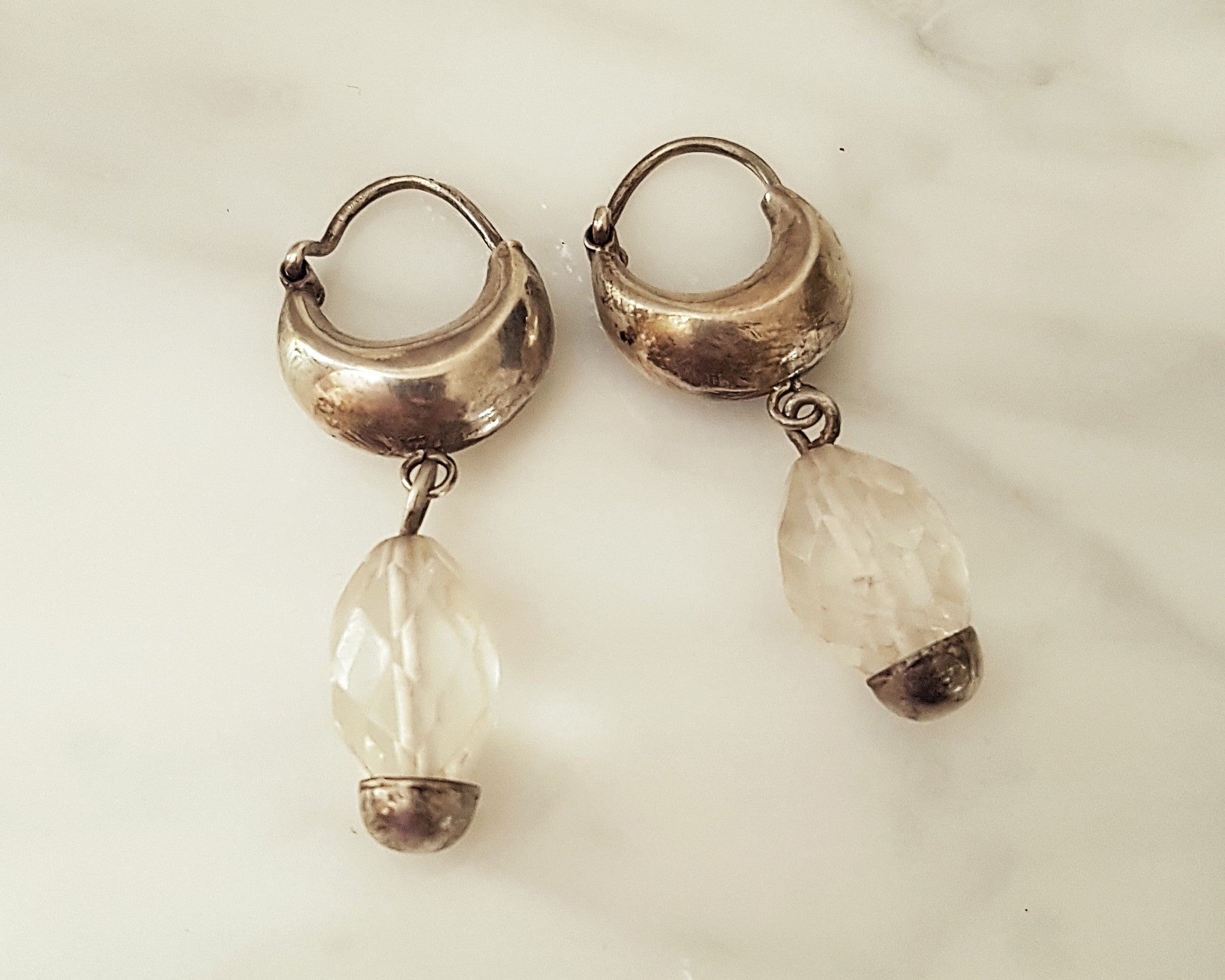 Reserved for L. - Ethnic Hoop Earrings with Crystal Quartz Dangles