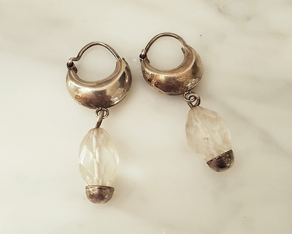 Reserved for L. - Ethnic Hoop Earrings with Crystal Quartz Dangles
