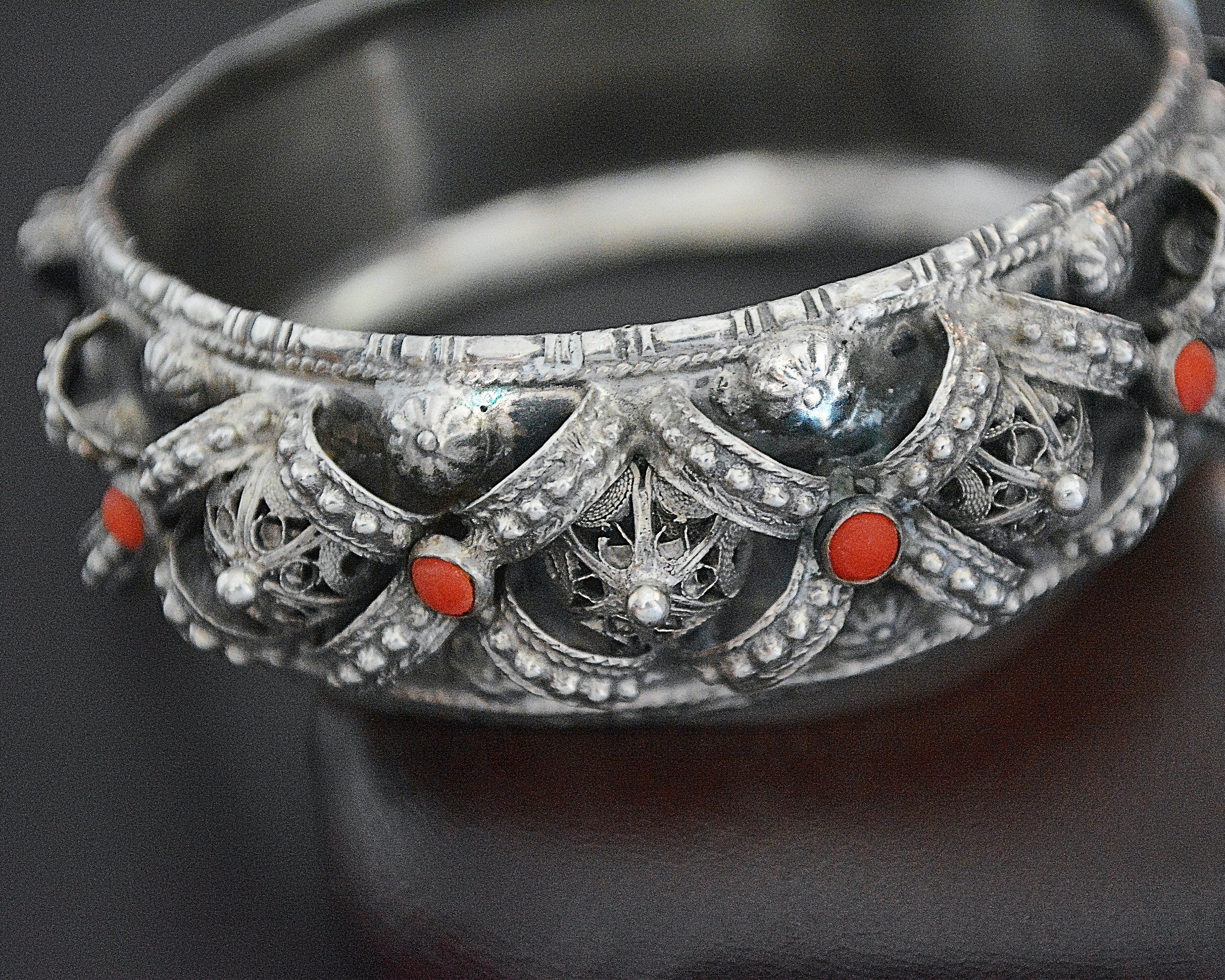 Substantial Coral Filigree Hinged Bracelet