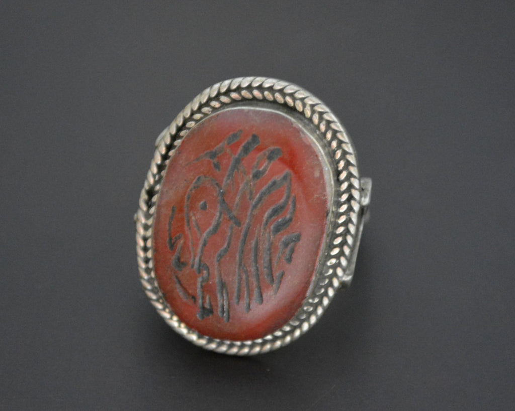 Afghani Carnelian Intaglio Ring with Crescent Moon - Size 7.75