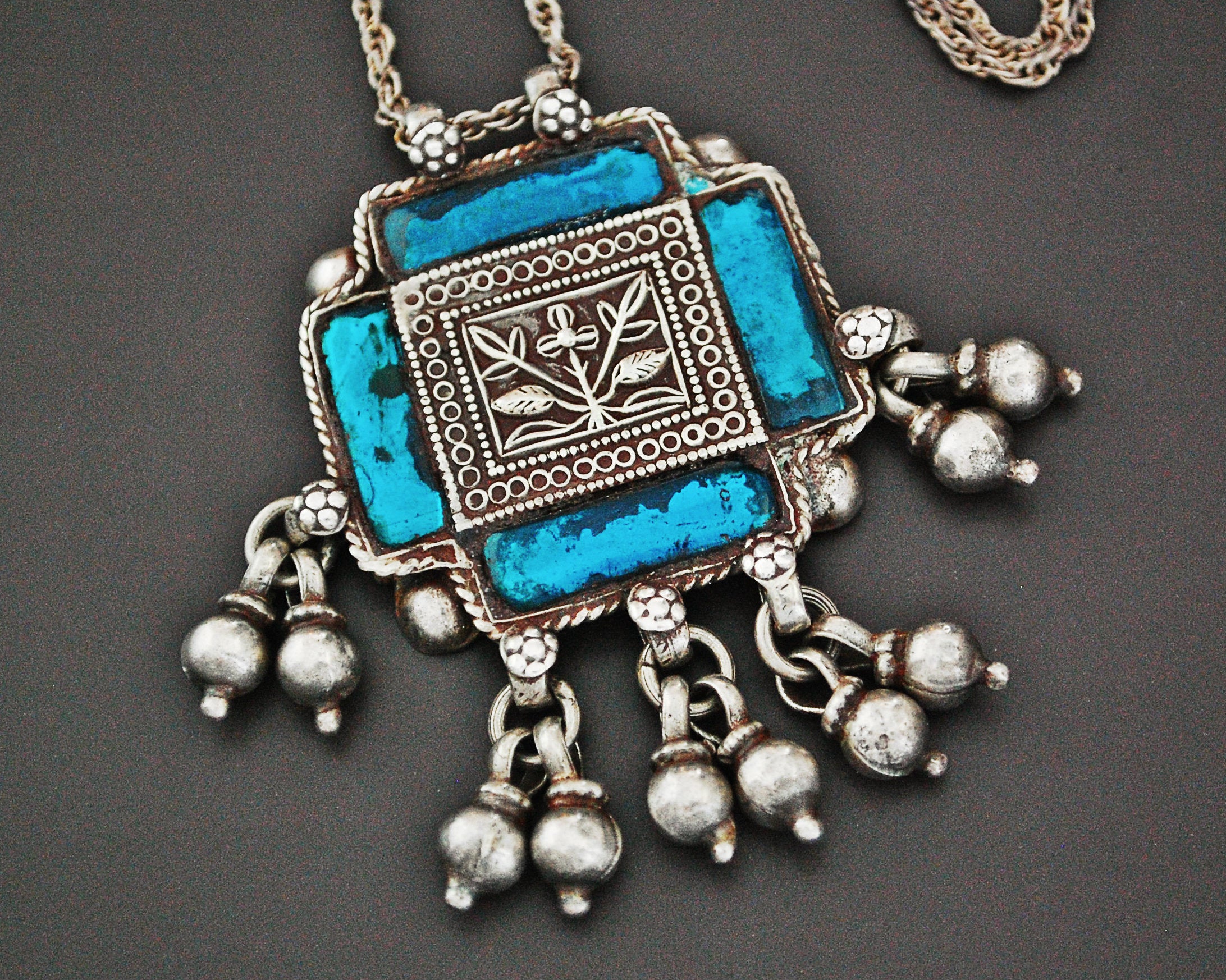 Rajasthani Silver Amulet with Glass and Bells Necklace