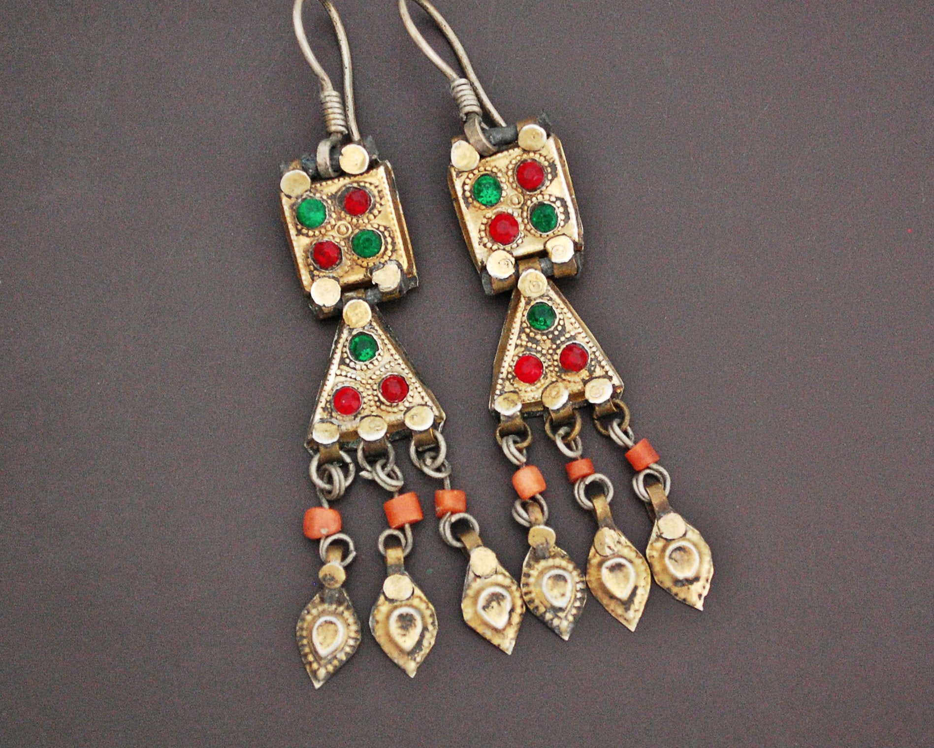 Uzbek Gilded Coral and Glass Earrings