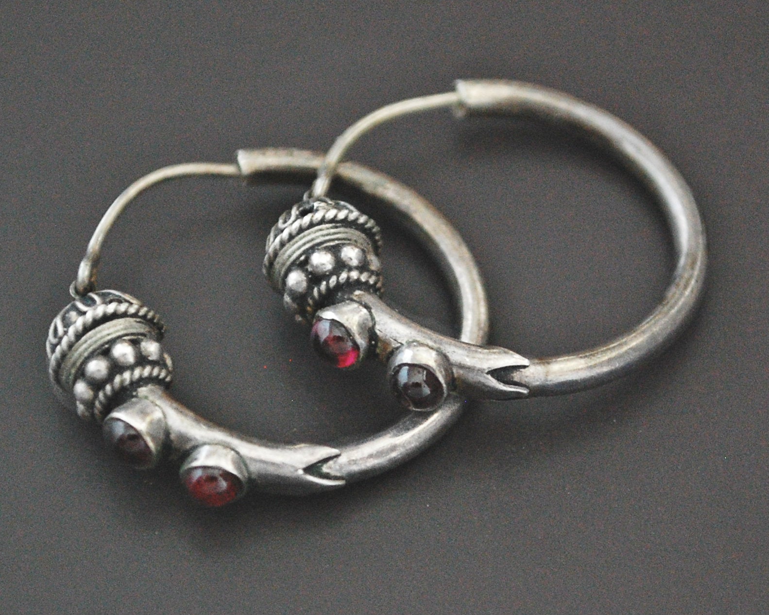 Ethnic Bali Hoop Earrings with Garnet