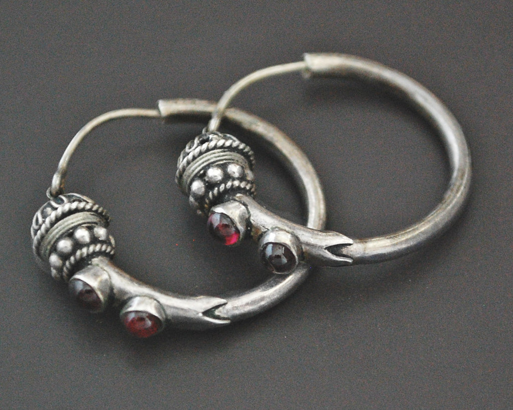 Ethnic Bali Hoop Earrings with Garnet