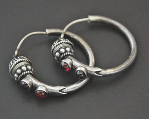 Ethnic Bali Hoop Earrings with Garnet