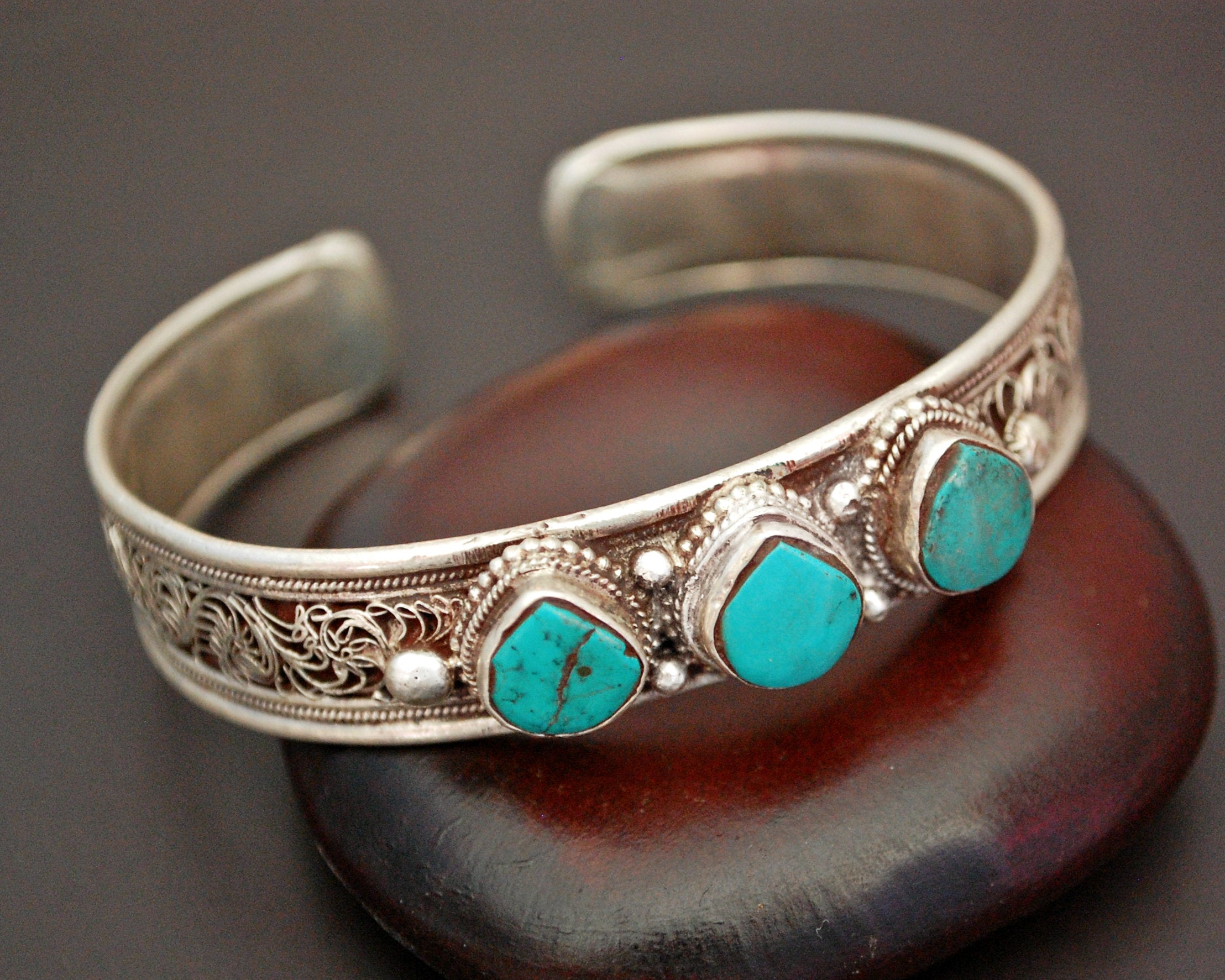 Nepali Turquoise Cuff Bracelet with Filigree