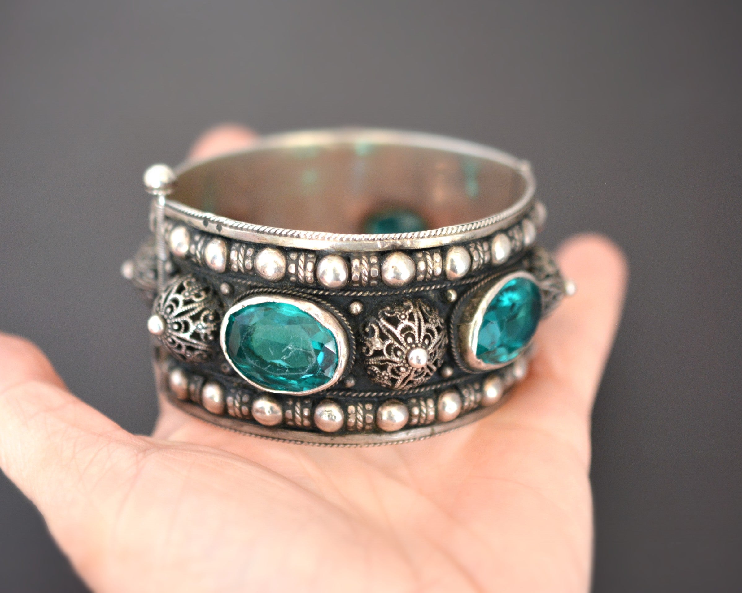 Reserved for L. - Tunisian Silver Hinged Bracelet with Glass Stones