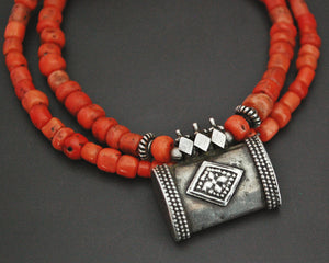 Old Yemeni Coral Silver Amulet Pendant Necklace