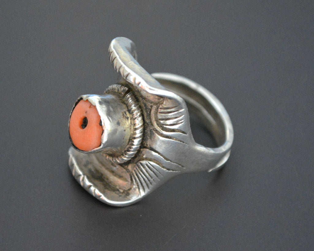Tibetan Coral Saddle Ring - Size 9+ Adjustable