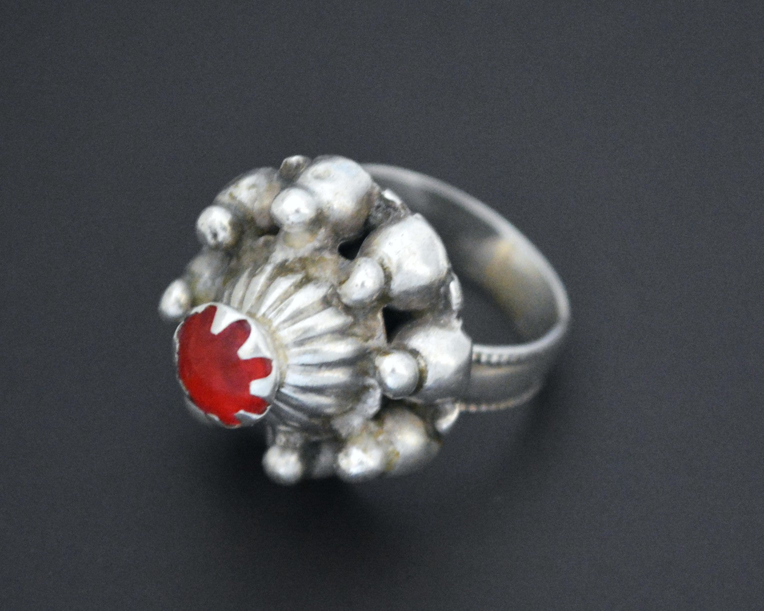 Pashtun Silver Ring with Red Glass - Size 8.5