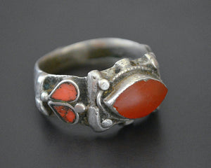 Old Afghani Coral and Carnelian Ring - Size 10.5