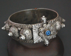 Yemeni Bedouin Hinged Silver Bracelet with Blue Glass