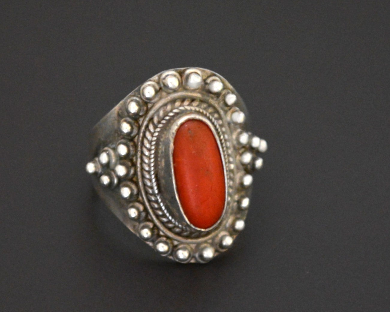 Vintage Nepali Coral Sterling Silver Ring - Size 7