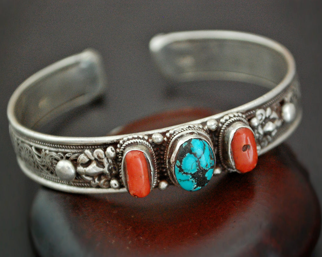 Nepali Turquoise Coral Cuff Bracelet with Filigree Work
