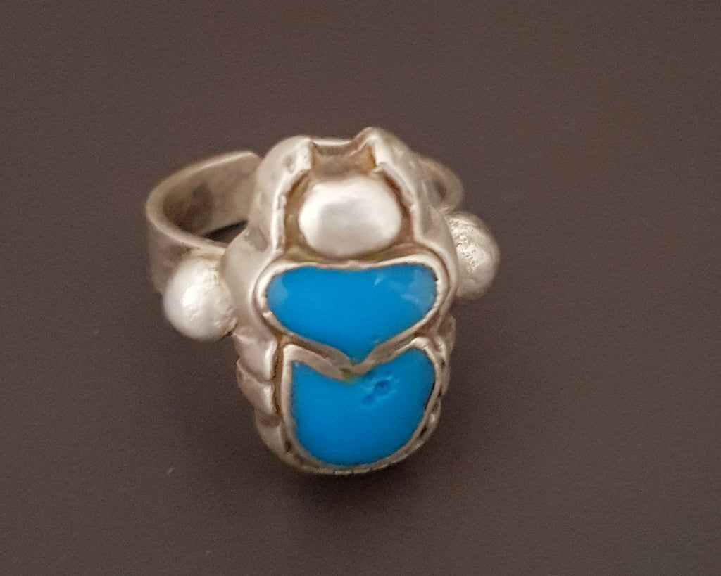 Enamel Scarab Ring from Egypt - Size 5+
