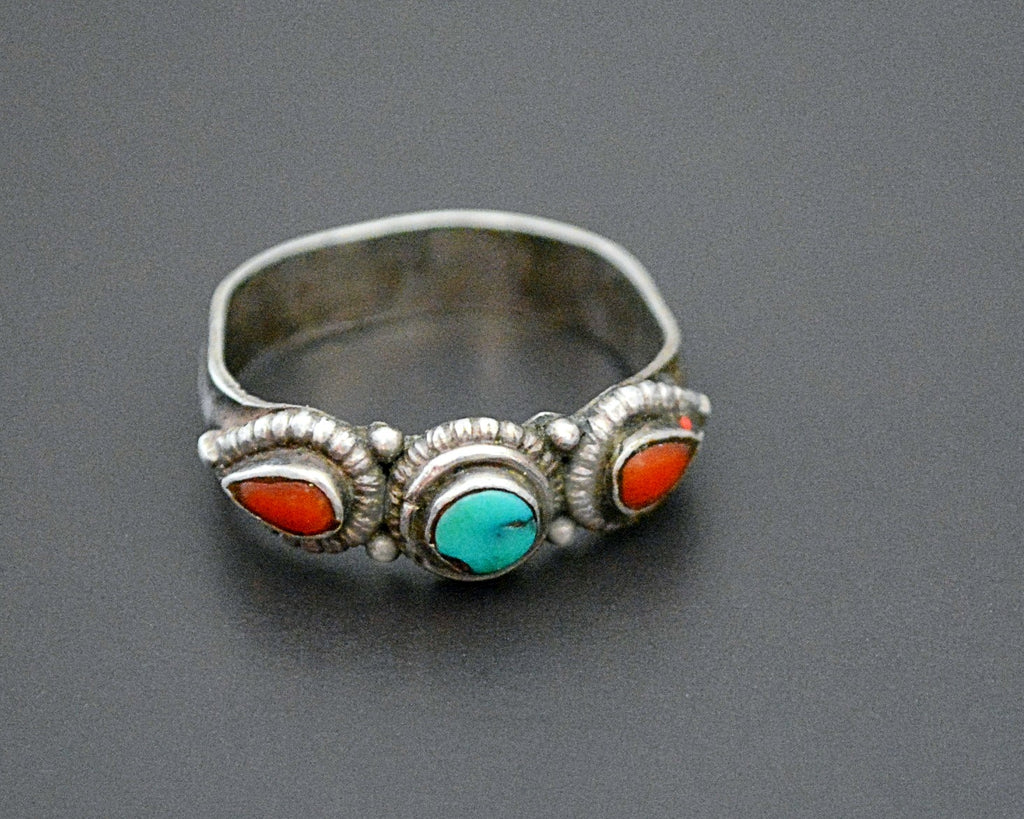 Old Tibetan Coral Turquoise Ring - Size 8