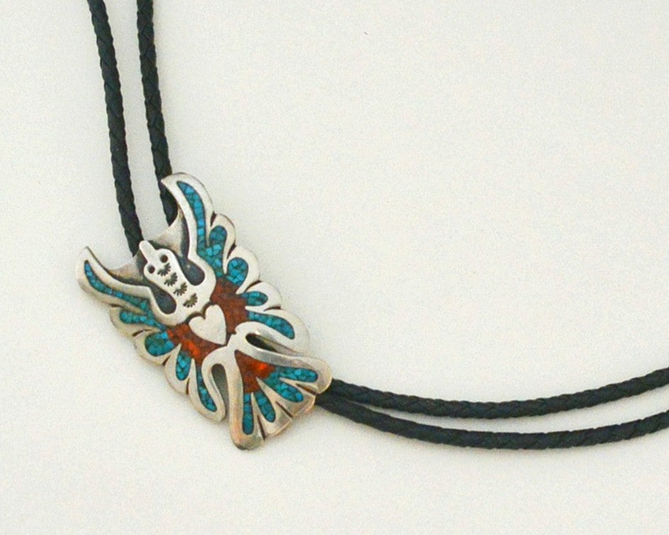 Thunderbird Turquoise Coral Inlay Bolo Tie - Signed