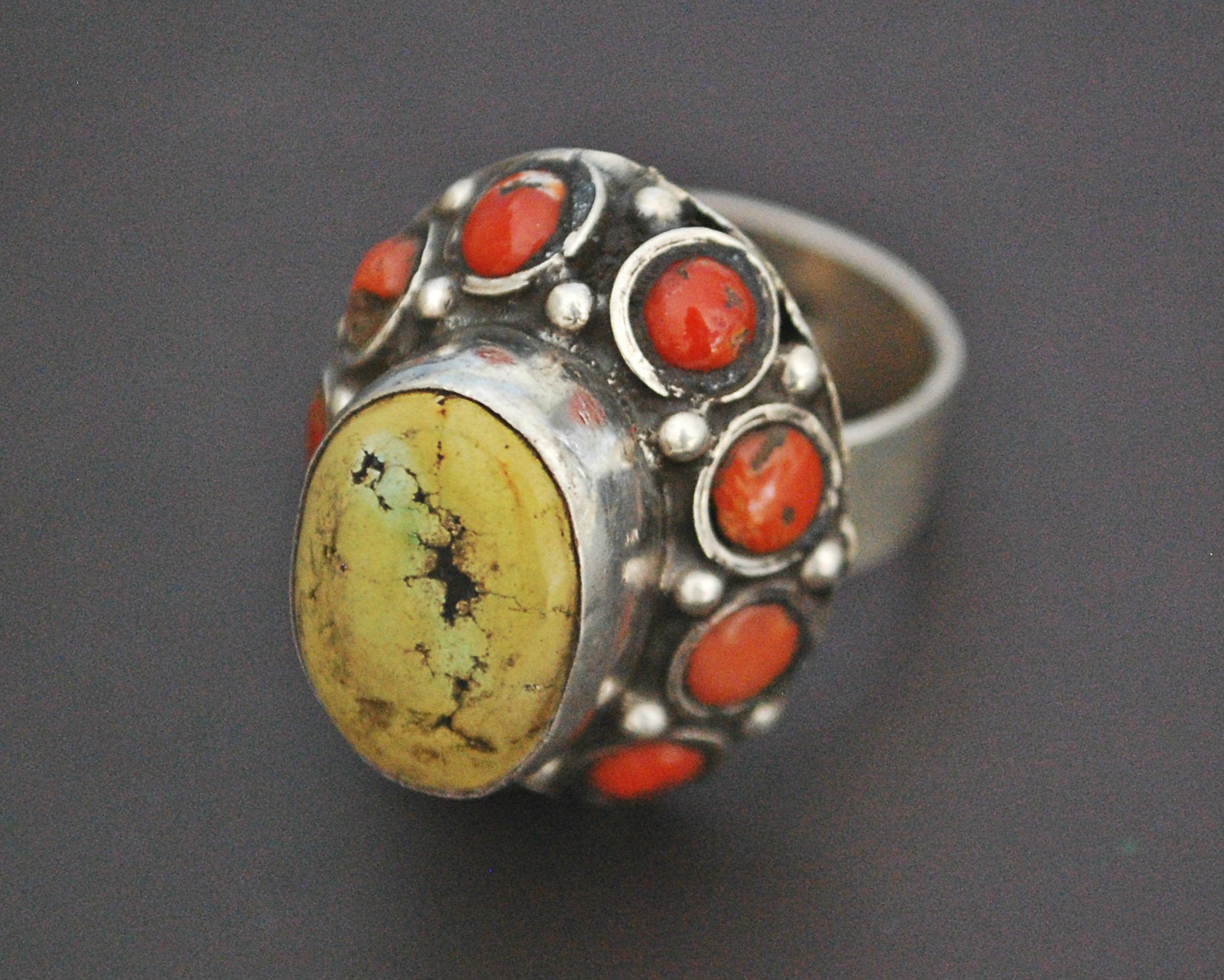 Ethnic Turquoise and Coral Ring from India - Size 7.5