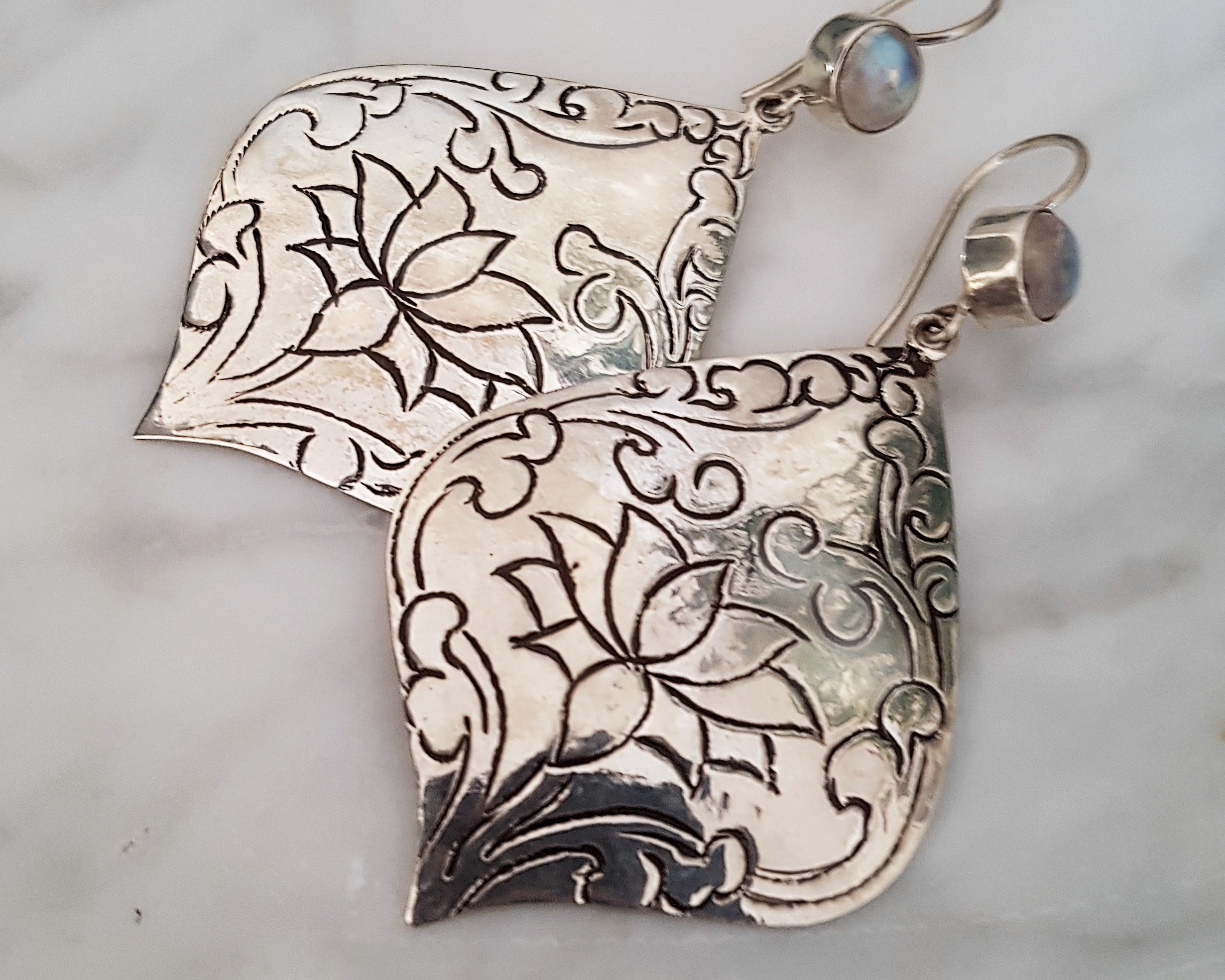 Nepali Moonstone Lotus Dangle Earrings