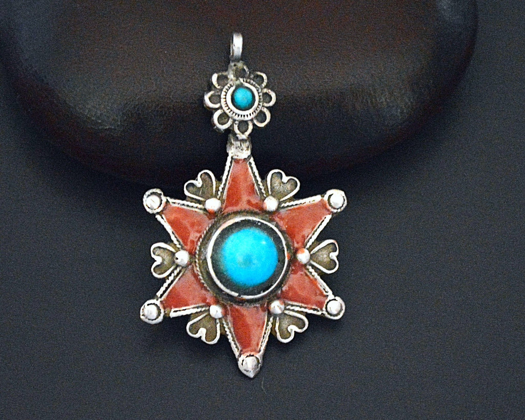 Pretty Uzbek Turquoise and Enamel Star Pendant