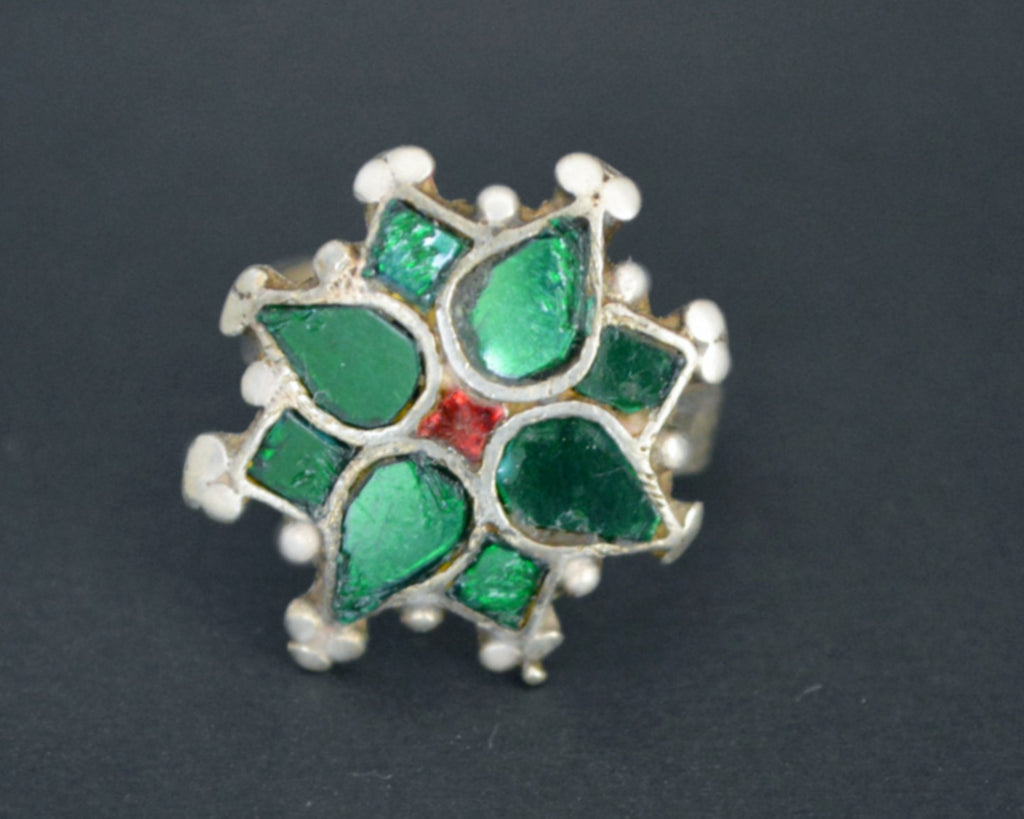 Rajasthani Silver Green Glass Ring - Size 9.5
