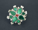Rajasthani Silver Green Glass Ring - Size 9.5
