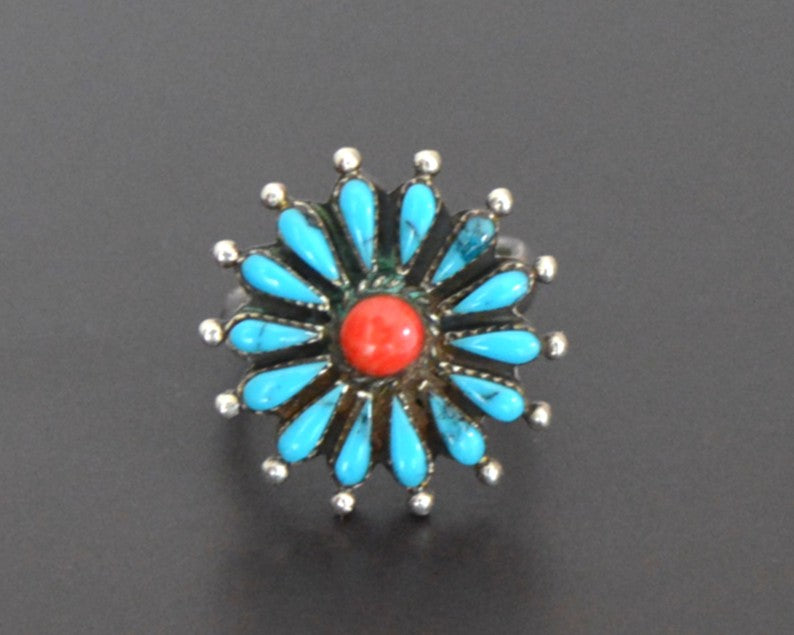 Reserved for V. - Native American Turquoise Coral Cluster Ring - Size 6.5