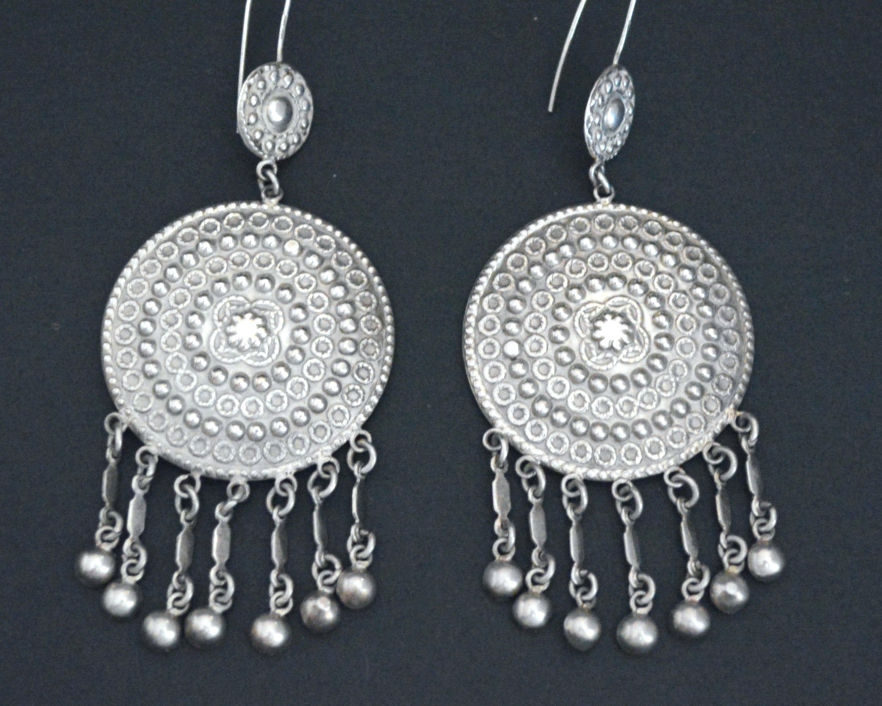 Long Indian Silver Disc Earrings with Dangles
