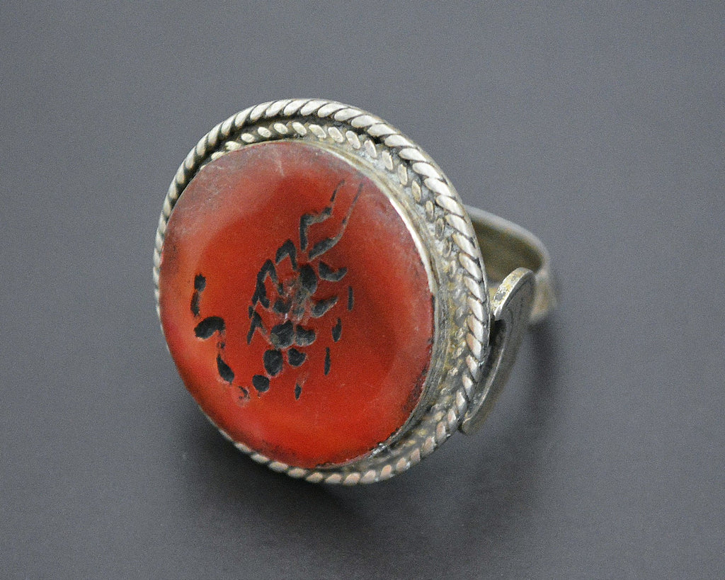 Afghani Crescent Moon Scorpion Intaglio Ring - Size 7.5
