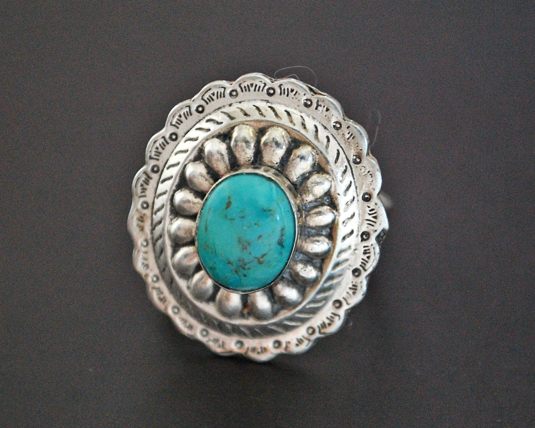 Native American Concho Turquoise Ring - Size 7 / Adjustable