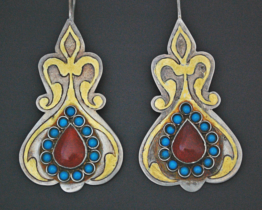 Vintage Turkmen Earrings with Carnelian and Turquoise