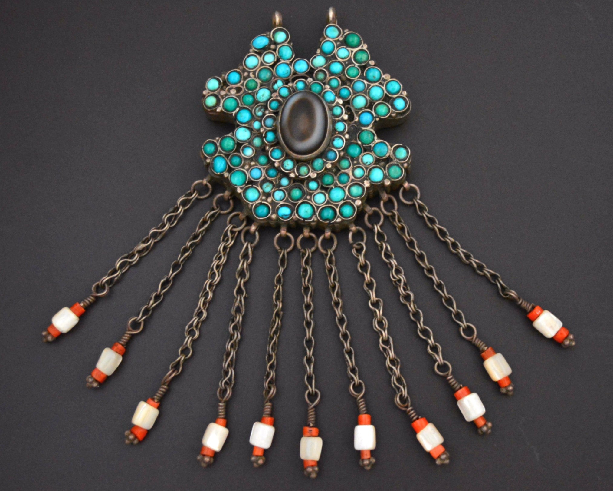 Exceptional Large Uzbek Turquoise and Coral Tassel Pendant with Eye Agate