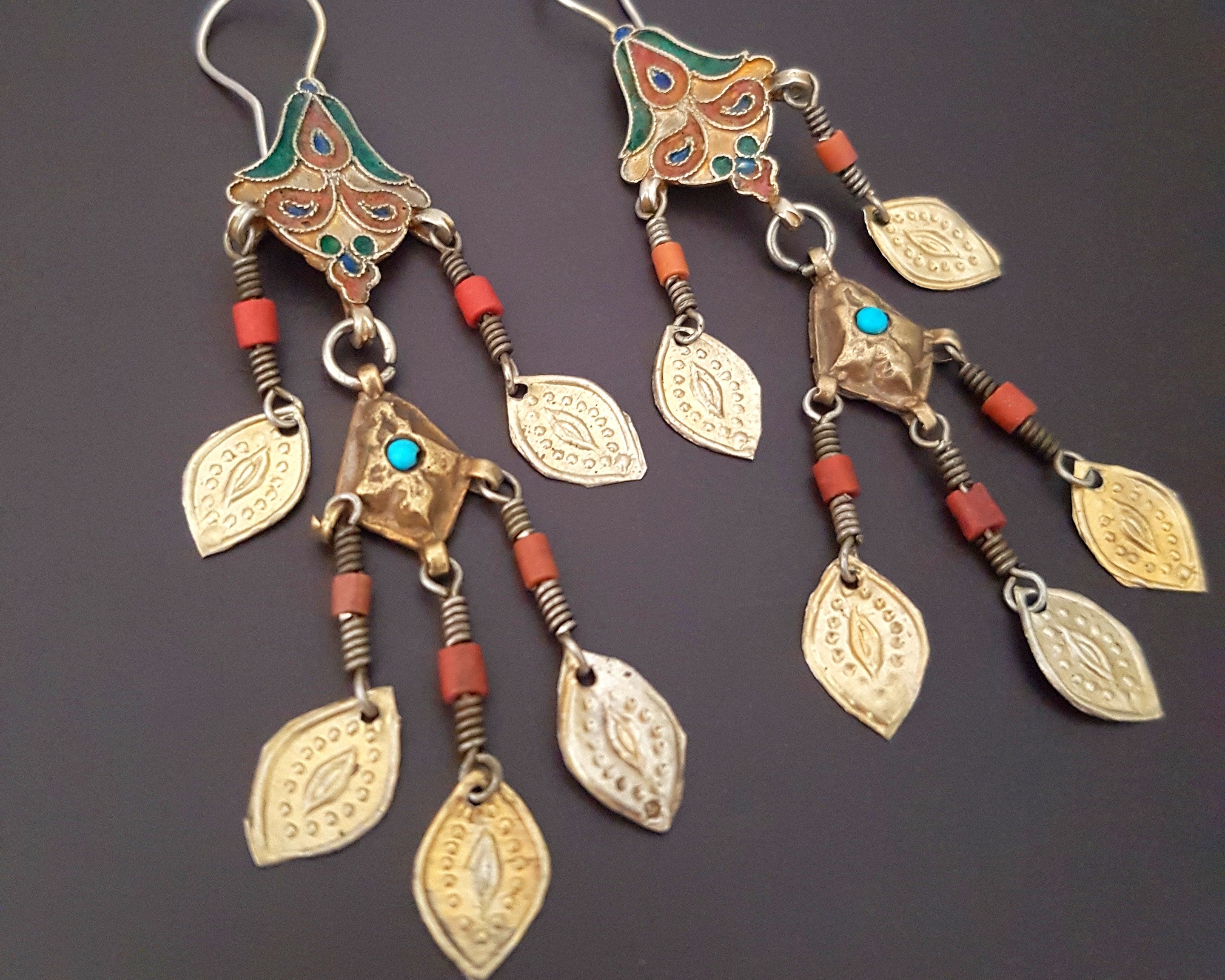Gilded Uzbek Coral Turquoise Earrings with Enamel