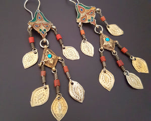 Gilded Uzbek Coral Turquoise Earrings with Enamel