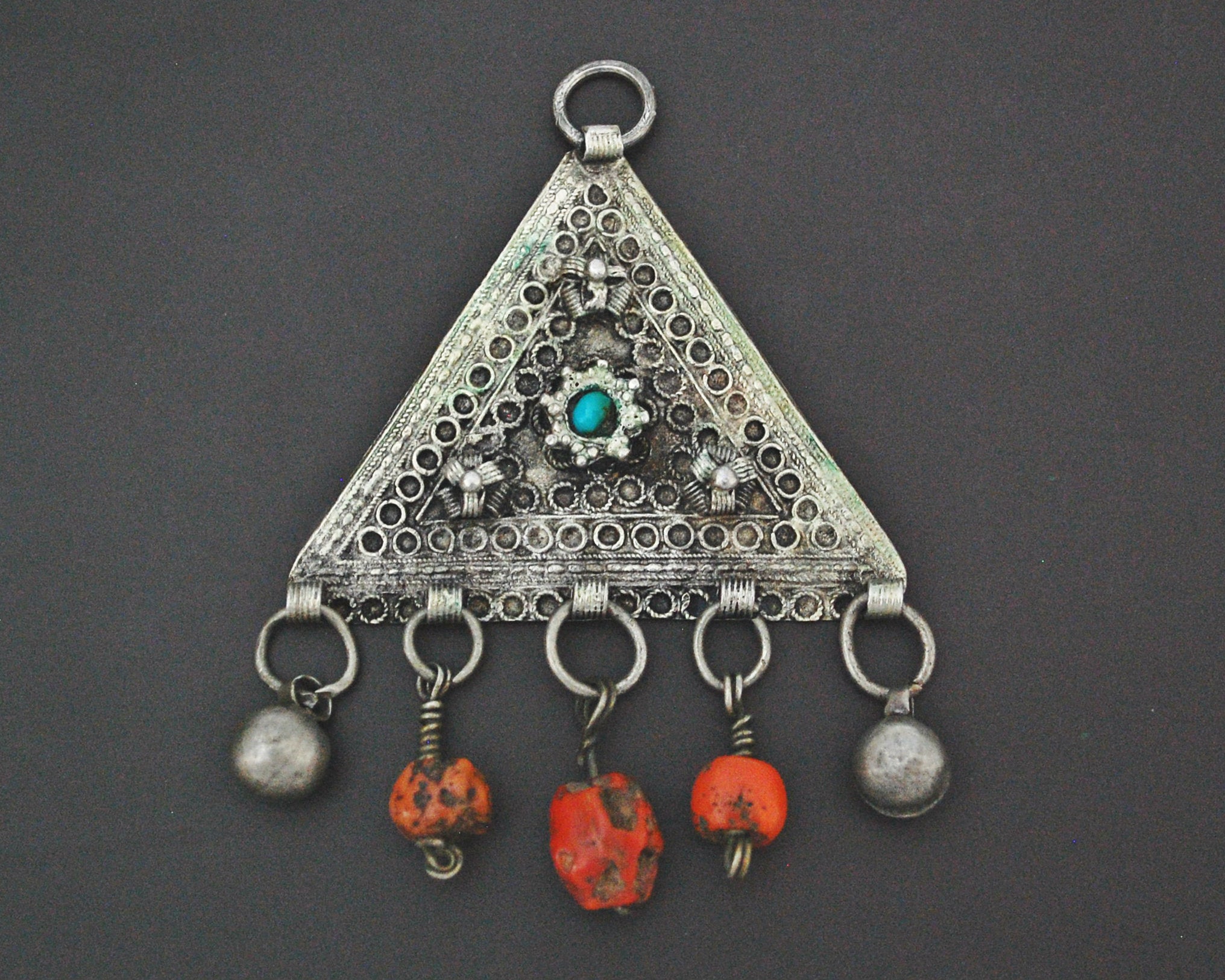 Central Asian Coral Turquoise Triangle Shaped Amulet Pendant