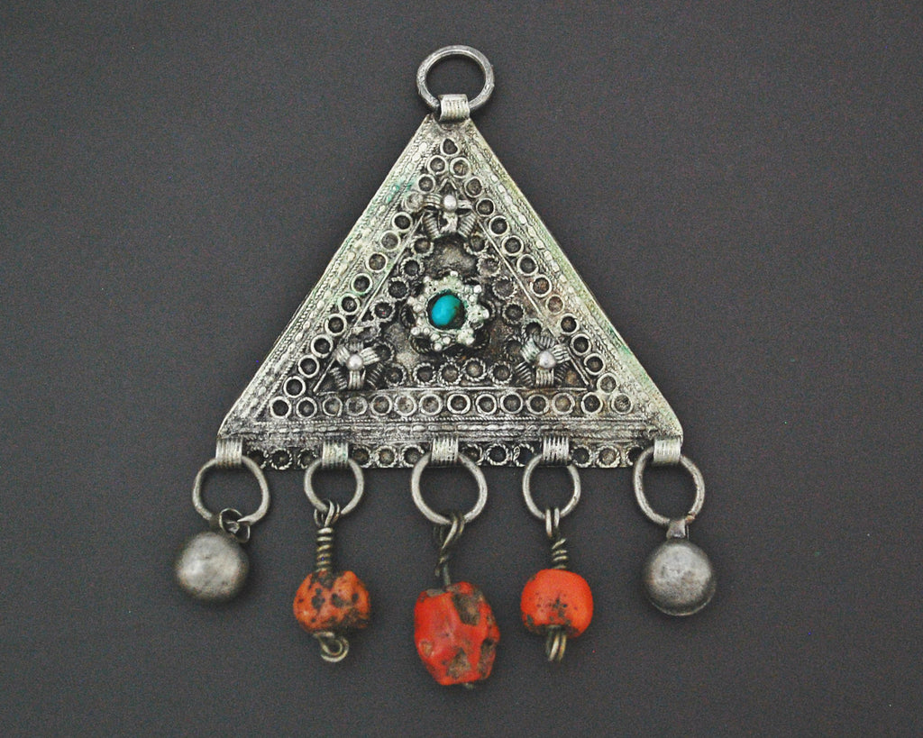 Central Asian Coral Turquoise Triangle Shaped Amulet Pendant