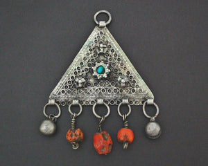 Central Asian Coral Turquoise Triangle Shaped Amulet Pendant