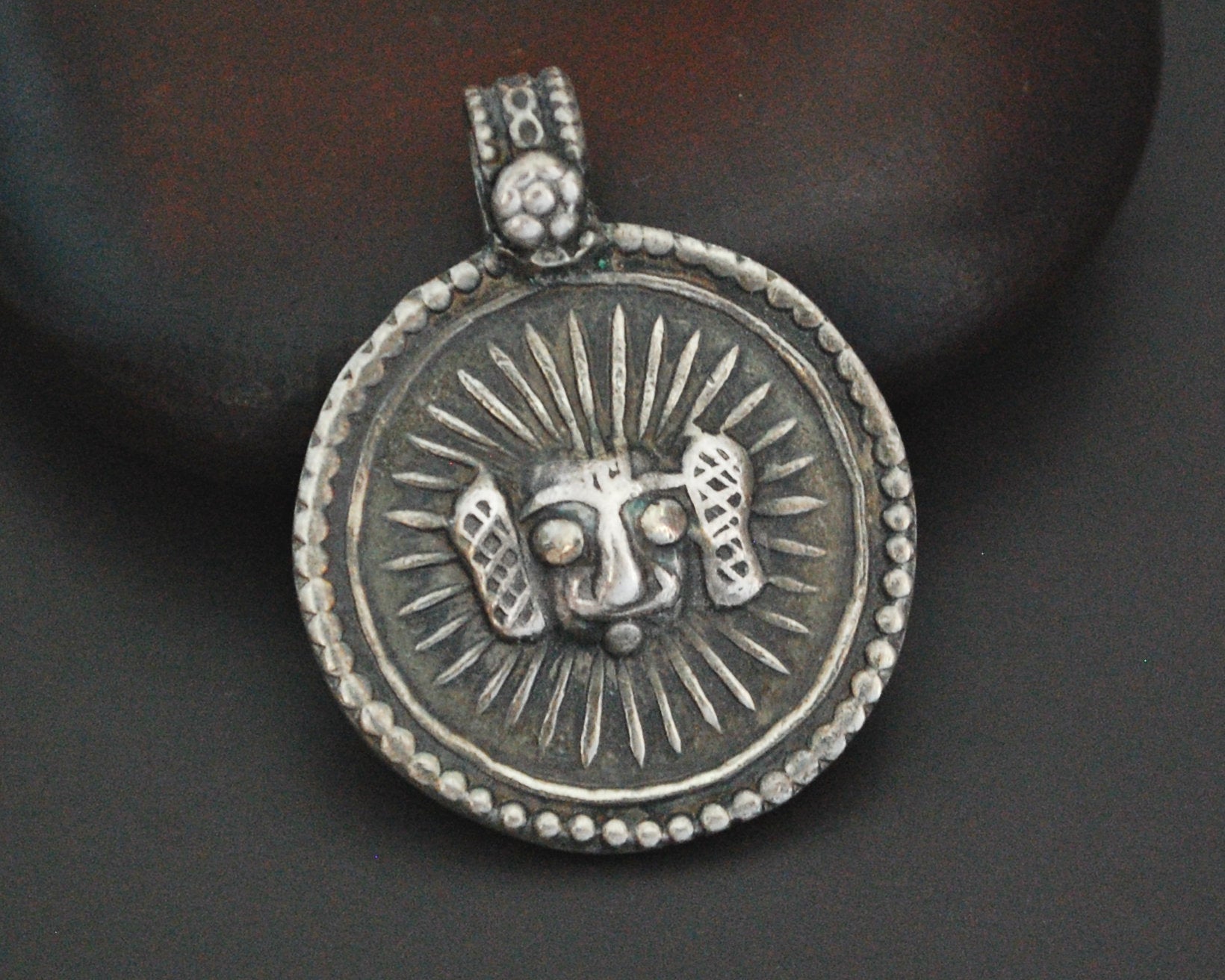Indian Surya Silver Pendant with Flower on the Bale