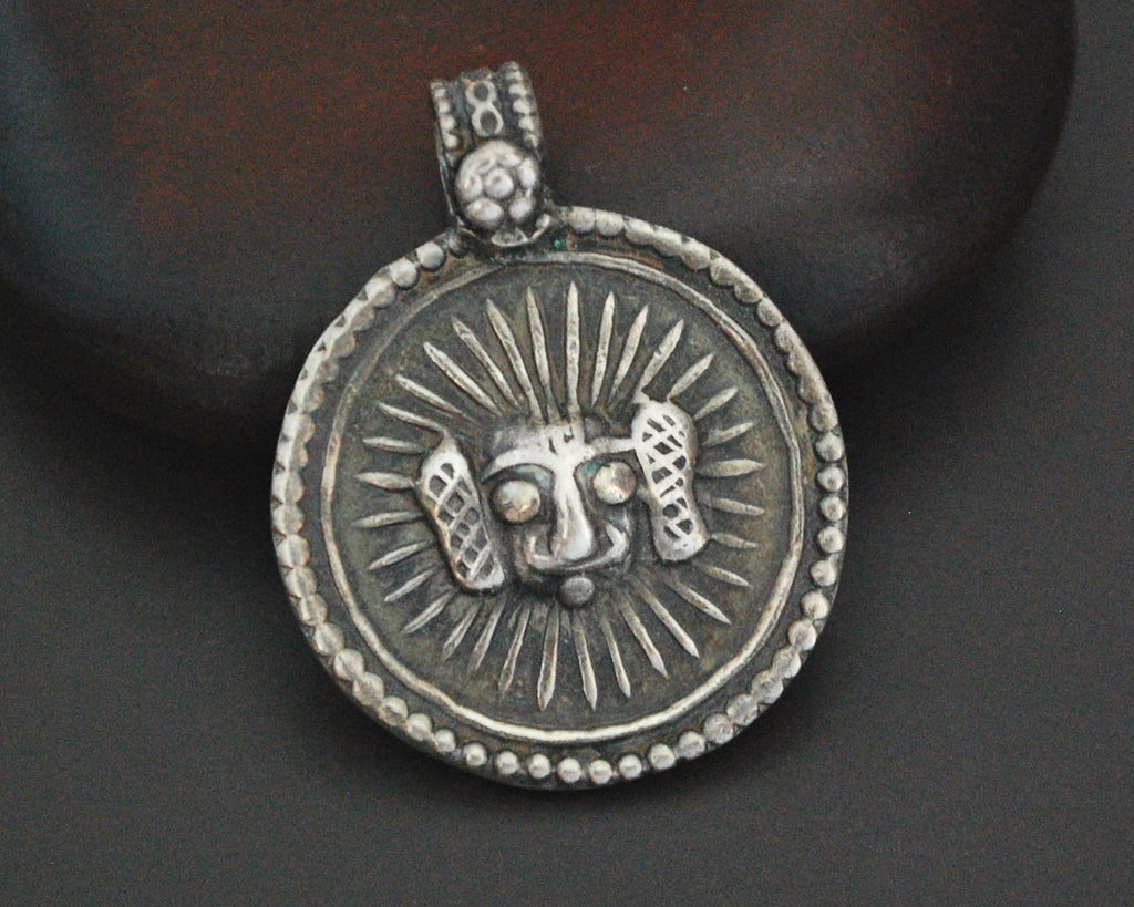Indian Surya Silver Pendant with Flower on the Bale