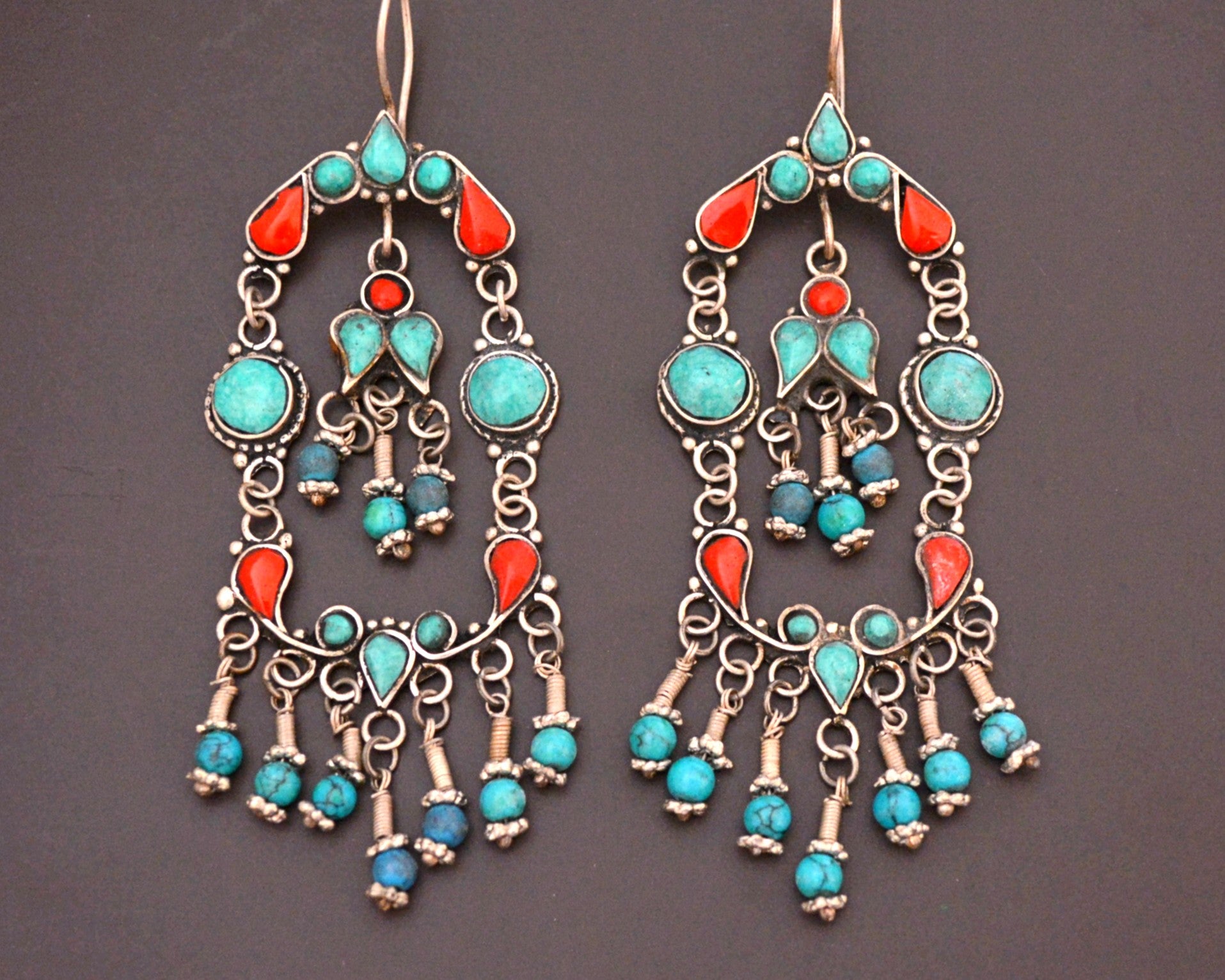 Uzbek Silver Turquoise Coral Earrings