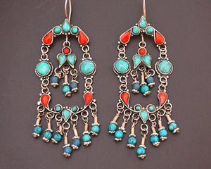 Uzbek Silver Turquoise Coral Earrings