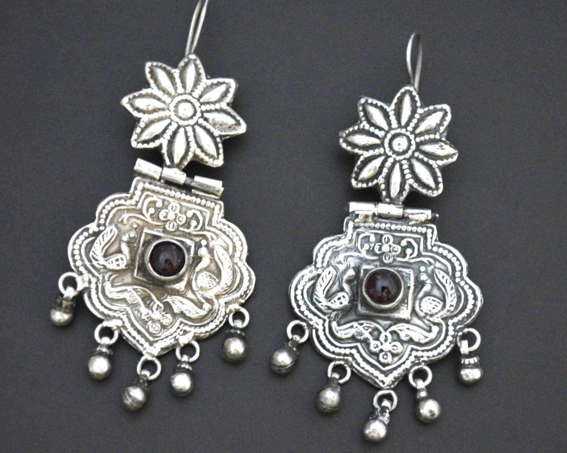 Rajasthani Silver Garnet Earrings with Bells